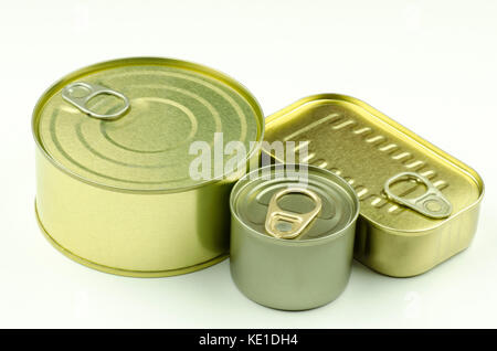 Close-up view of various tins and cans on white background Stock Photo