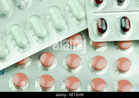 Close-up view of colorful pills of different drugs and vitamins Stock Photo