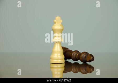 Close-up view of two chess king on a glass mat with reflection and isolated on a blurred white background Stock Photo