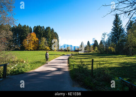 Hiker walking through the Bavarian meadows in the autumn afternoon background of changing fall colors with the blue sky and colorful l Stock Photo
