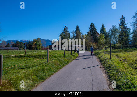 Hiker walking through the Bavarian meadows in the autumn afternoon background of changing fall colors with the blue sky and colorful l Stock Photo