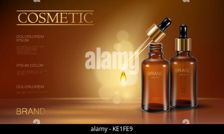Realistic 3d essence bottle cosmetic ad. Oil droplet falling pipette. Treatment collagen vitamin serum. Brown translucent glass package golden liquid  Stock Vector