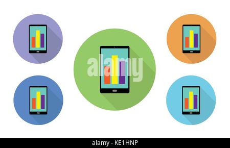 Set of circular illustrated vector icons of different colors with mobile phone and graph on display on websites and applications Stock Vector