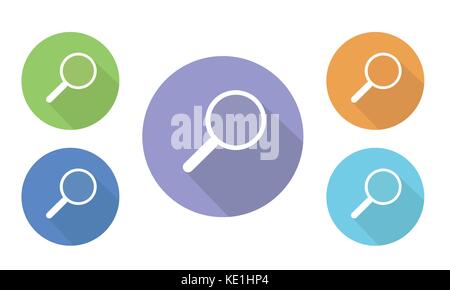 Set of colorful vector flat illustrations of circular icons and search buttons with a magnifying glass Stock Vector