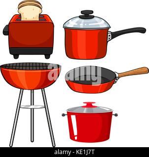 Kitchenware in red color illustration Stock Vector