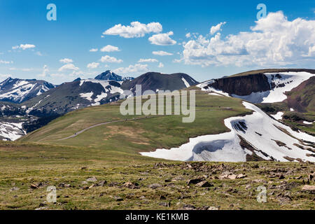 Road cutting through Rocky Mountian National Park shows the vast scale of the park, Colorado, USA Stock Photo