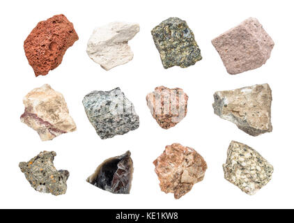 isolated igneous rock geology collection including from top left: scoria, pumice, gabbro, tuff, rhyolite, diorite, granite, andesite, basalt, obsidian