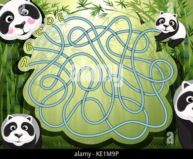 Maze game with panda and bamboo illustration Stock Vector