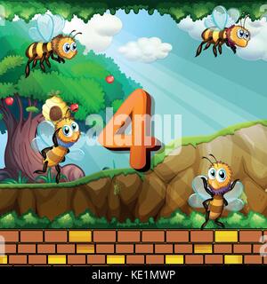 Number four with 4 bees flying in garden illustration Stock Vector