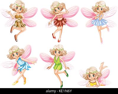 Six fairies with pink wings illustration Stock Vector
