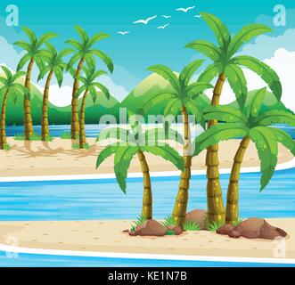 Beach at daytime landscape scene with mountain background illustration ...