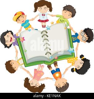 Children around the open book illustration Stock Vector