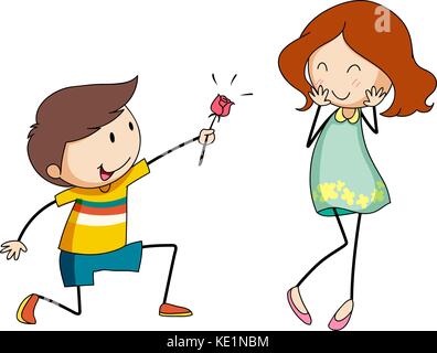 Boy in love giving flower to girl. Flat vector illustration. First ...