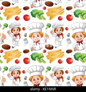 Seamless chef and different ingredients illustration Stock Vector