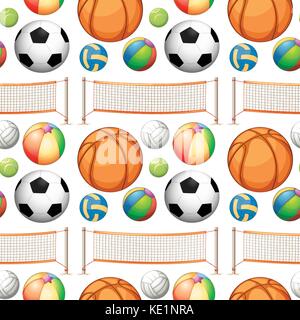 Seamless different kind of balls and net illustration Stock Vector