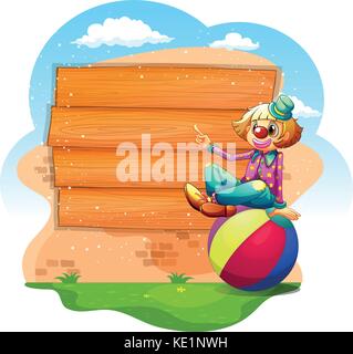 Wooden sign with clown on ball illustration Stock Vector