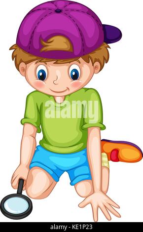 Little boy looking through magnifying glass illustration Stock Vector