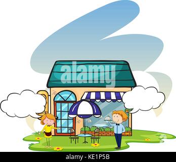 Waiter and waitress standing outside a restaurant welcoming Stock Vector
