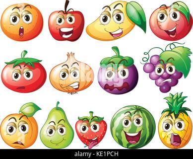 Fresh fruits and vegetables with face illustration Stock Vector