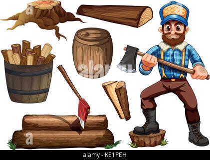 Lumber jack holding axe and set of fire wood Stock Vector