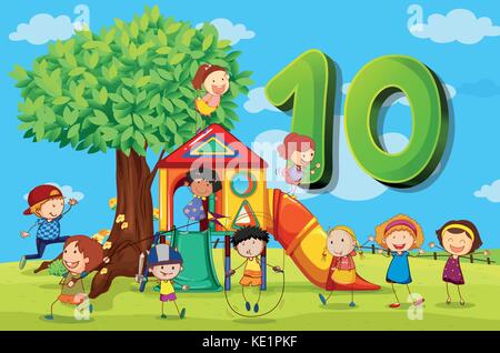 Flashcard number 10 with ten children in the park illustration Stock Vector