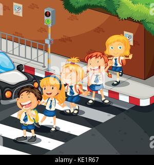 Students crossing the road illustration Stock Vector
