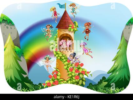 Fairies flying around the castle illustration Stock Vector