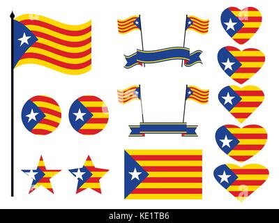 Catalonia flag set. Collection of symbols heart and circle. Vector illustration Stock Vector