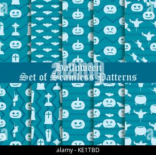Halloween set of seamless patterns with pumpkins, witches and celebratory symbols. Vector illustration Stock Vector