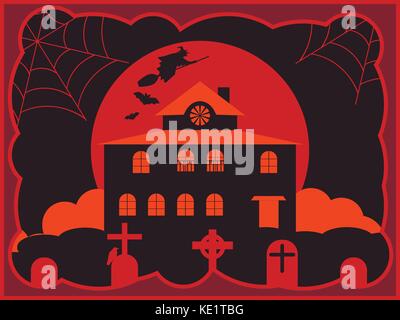 Halloween creepy house with a cemetery, a flying witch in the background of the moon. Vector illustration Stock Vector