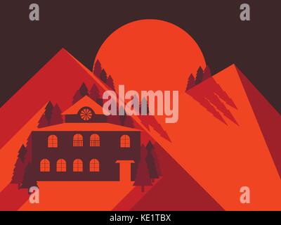 House in the mountains is flat style. Mountain landscape dawn. Lonely hotel. Vector illustration Stock Vector