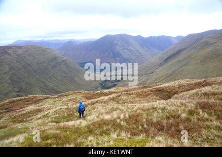 Lone Walker Descending the Corbett Meall Lighiche in Gleann-leac-na-muidhe with the Munros Sgorr nam Fiannaidh and Meall Dearg in Glencoe Just Ahead. Stock Photo