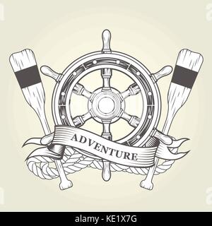 Vintage steering wheel and oars - nautical emblem with handwheel, rope and paddles Stock Vector