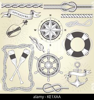 Vintage seafaring elements - steering wheel, oars, rope frame and knots Stock Vector