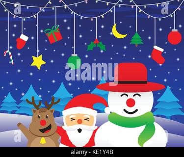 Merry Christmas, Cute Reindeer, Plump Santa Claus,  And Chubby Snowman Is Standing Happily Under Christmas Light And Hanging Stuffs On Snowy Night Stock Vector