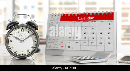 Deadlines concept. Desk calendar, and an alarm clock on an office background. 3d illustration Stock Photo
