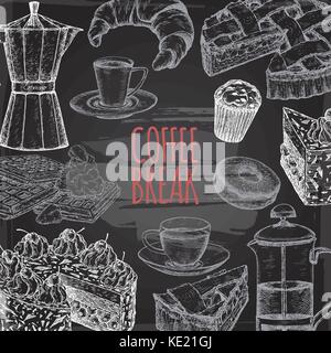 Coffee break template based on hand drawn sketch placed on blackboard background. Stock Vector