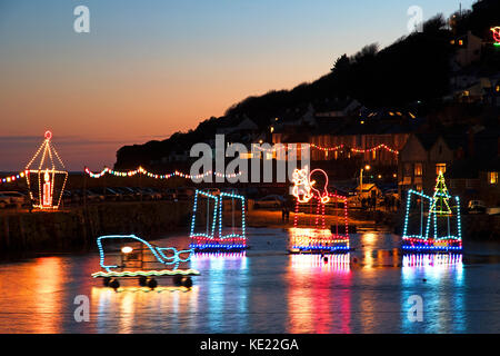 christmas lights around the harbour at mousehole in cornwall, england, britain, uk, Stock Photo