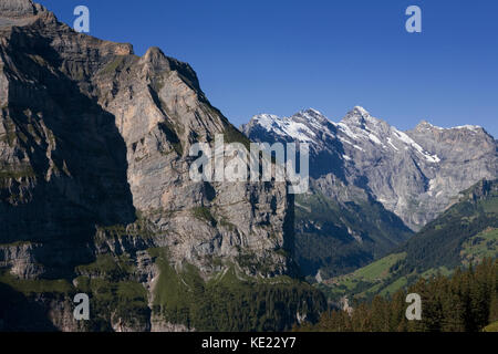 The spectacular Lauterbrunnen valley from Wengernalp, with the Schwarzmönch on the left and the Gspaltenhorn beyond, Bernese Oberland, Switzerland Stock Photo