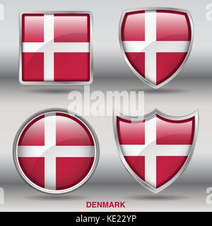 Denmark Flag - 4 shapes Flags States Country in the World with clipping path Stock Vector