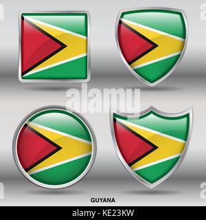Guyana Flag - 4 shapes Flags States Country in the World with clipping path Stock Vector