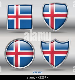 Iceland Flag - 4 shapes Flags States Country in the World with clipping path Stock Vector