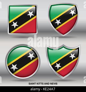 Saint Kitts & Nevis Flag - 4 shapes Flags States Country in the World with clipping path Stock Vector