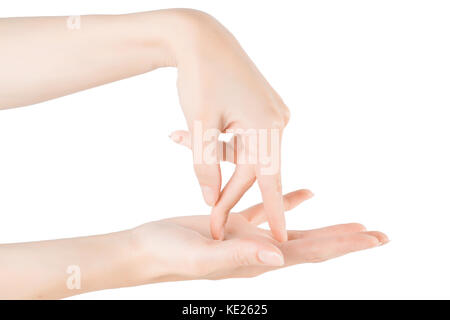 Woman hands showing fingers walking gesture. Isolated on white, clipping path included Stock Photo