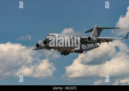 NEW WINDSOR, NY - JULY 2, 2017: Giant C-17 Globemaster III taking off at Stewart International Airport during the New York Airshow. Stock Photo