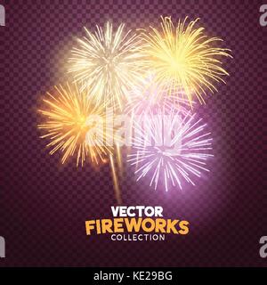 A set of Isolated bursting vector fireworks in pink and gold, holiday celebration symbols! Stock Vector