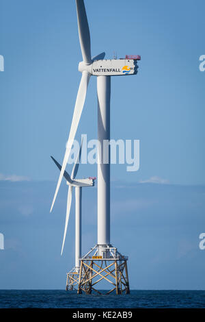 Turbines on the Ormonde Offshore Wind Farm near Barrow-in-Furness, which is operated by the Swedish energy giant, Vattenfall. Stock Photo