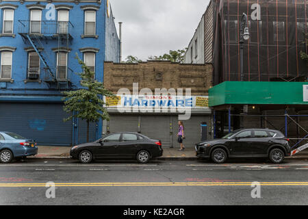 View of buildings on Manhattan Avenue, Greenpoint, Brooklyn, NY. Stock Photo