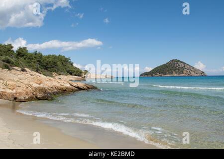 Paradise Beach, with a view to Kinira island, Thassos, Greece, Greek island, September. Stock Photo