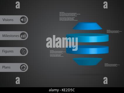 3D illustration infographic template with motif of round octagon horizontally divided to four blue slices with simple sign and text on side in bars. D Stock Vector
